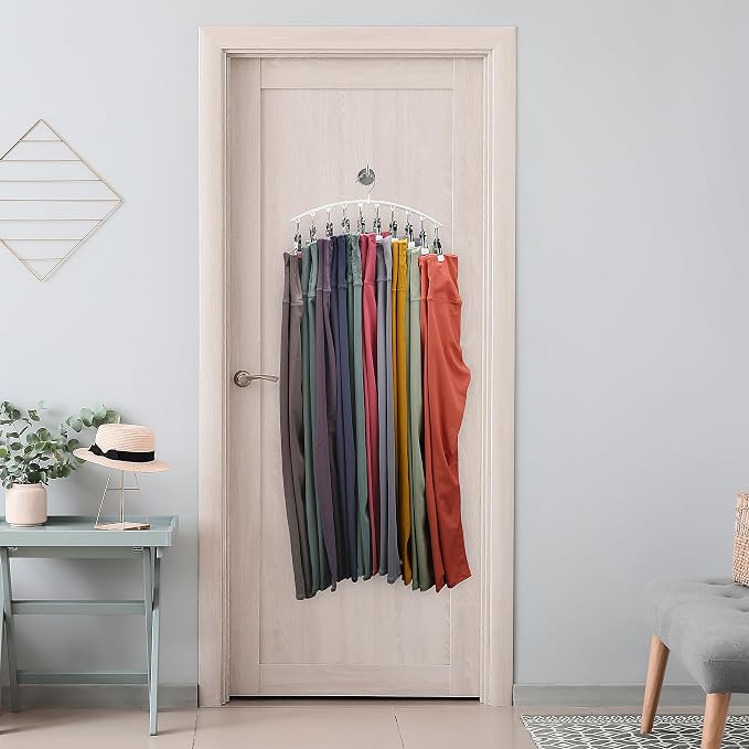 Legging Organizer for Closet, Metal Yoga Pants Hanger w/Rubber Coated 1 Pack w/10 Clips Hold 10 Leggings, Hangers Space Saving Hanging Closet Organizer for Closet Organizers and Storage-White