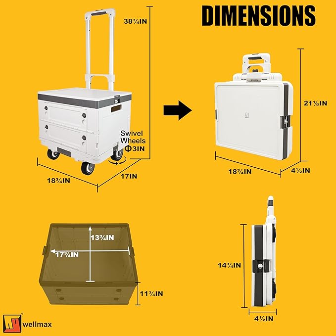 Wellmax Rolling Crate with Wheels, Foldable Utility Cart with Adjustable Handle, Silent Rolling Design, 132 lbs Load Capacity — Great for Teachers, Office, Groceries & Everyday Use