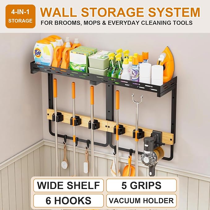 Large Broom Holder Wall Mount with Shelf, Mop Tool Organizer | 5 grippers, 6 hooks, vacuum slot, bamboo board, spray bottle tray, garage utility use