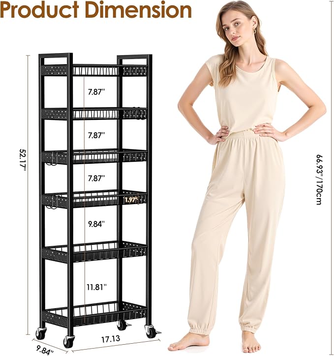 6 Tier Slim Storage Cart, Narrow Rolling Cart with Wheels, 10in(W) | Narrow Mobile Utility Shelf Unit Organizer for Kitchen, Bathroom, Laundry Room, Living Room, Small Places, Black