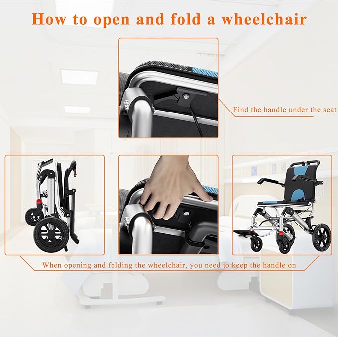 Lightweight Wheelchairs Transport Chair Lightweight Foldable with Telescopic Handle, Portable Folding Travel Transfer Wheel Chairs with Hand Brake for Seniors & Adults