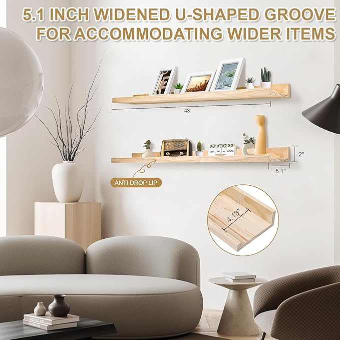 48 Inch Natural Pine Wood Floating Shelves for Bedroom, Wide Picture Ledge Set of 2, Wall Mount Unfinished Shelf Can be Stained Nursery Book Shelves for Kids Bedroom Living Room Bathroom Kitchen