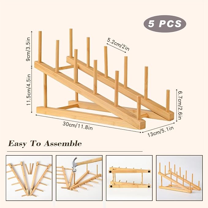 5 Pack Plate Stands For Display, Wooden Multi Plate Holder Organizer | 5-Tier Craft Show Vendor Counter Display Rack for Tabletop Book, Art Prints, Platter and Cabinet Organization