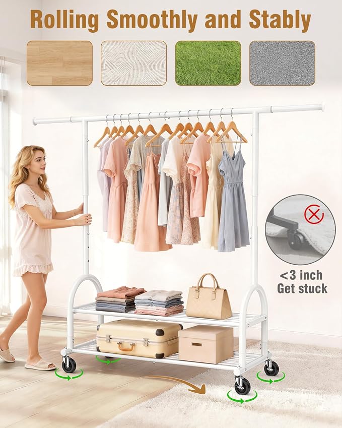 EAGMAK Heavy Duty Clothes Rack for Hanging Clothes Load 556 LBS, Height Adjustable Rolling Clothing Racks, Portable Metal Coat Rack Garment Wardrobe with Wheels and Shelves for Bedroom Laundry, White