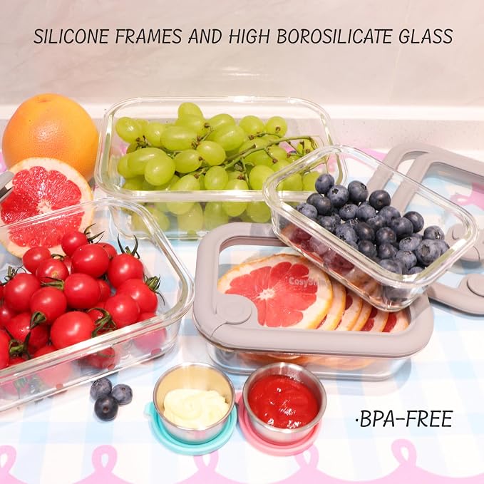 Glass Food Storage Containers with Silicone Glass Lids, Stainless Steel Salad Dressing Containers, LeakProof Food Containers Set, 4-pack 12-21-35-50 oz（Grey）