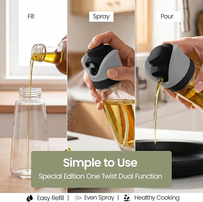 Olive Oil Dispenser for Kitchen 2-in-1 Pour and Spray | 7.7 oz / 230 ml | Glass Olive Oil Sprayer for Cooking, Airfryer, Salad & BBQ | Set of 2 Bottles, Black