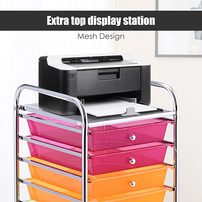 LDAILY 10-Drawer Rolling Storage Cart, Rolling Storage Cart, Storage Organizer on Wheels, Metal Frame, Scrapbook Paper Tools, Suitable for Office School, Classroom (Rainbow, 10 Drawer)