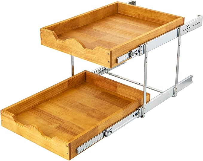 DINDON 2 Tier Pull Out Cabinet Organizer (17" W x 21" D) Wood And Metal Double Tier Slide Out Wood Drawer Under Cabinet Storage And Organization