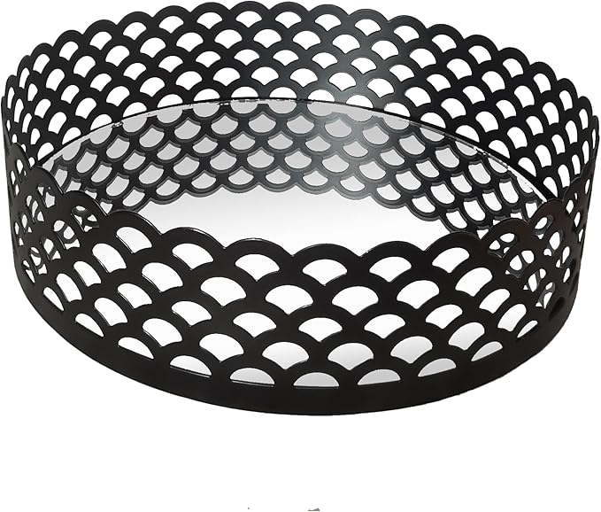 Black Metal Decorative Tray with Mirror Base - Round Vanity Tray for Makeup Brushes, Jewelry, Perfume, and Home Décor(7.3”X2”)