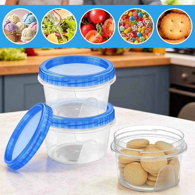6 Pack Freezer Containers with Screw On Lids, 12 Oz Stackable Reusable Plastic Storage Container, Airtight Plastic Food Storage Containers with Twist Top Lids for Food Soup Jello Sauce