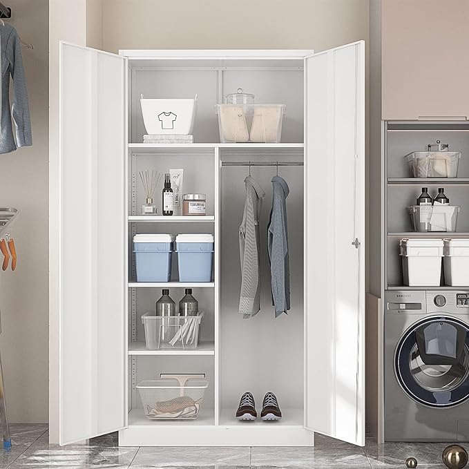Yizosh Metal Armoire Wardrobe Closet Cabinet for Hanging Clothes with Lock Doors, -72" Steel Lockable Wardrobe Storage Locker Clothes Organizer for Bedroom, Laundry Room (White)