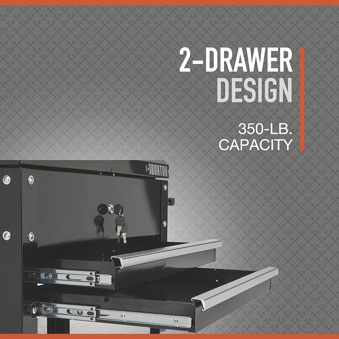 Ironton 28in. 2-Drawer Rolling Tool Cart, 350-Lb., Locking Drawers | Heavy-duty steel frame, open lower tray, quick-access tool organization, garage/workshop/warehouse use, easy maneuvering