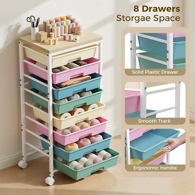 Rolling Cart with 8 Drawers, Plastic Drawer Storage Carts with Wheels & Wooden Tabletop, Metal Utility Cart Organizer for Bedroom Living Room Office Classroom Craft Organization and Storage, Colorful