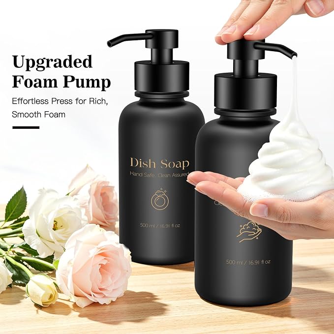 16.9 Oz Glass Foaming Soap Dispenser 2 Pack(Black) | Refillable Hand & Dish Soap Pump, With Silicone Tray & 8 Waterproof Labels, For Bathroom & Kitchen，Perfect Housewarming Gift