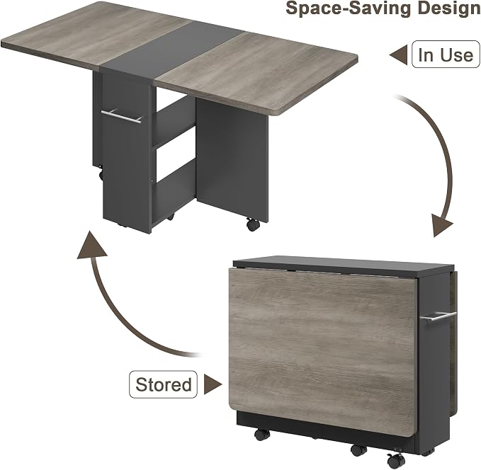 GAOMON Folding Dining Table, Drop Leaf Dining Table with 6 Wheels and 2-Layer Storage Shelf, Foldable Kitchen Table, Space Saving Table for Small Spaces, Areas, 47.2" Oak
