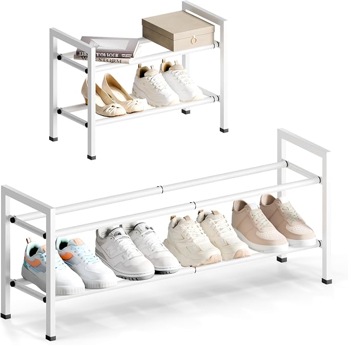 Bumusty 2-Tier Expandable Shoe Rack for Closet, 18“-33” Adjustable Shoe Rack for Small Space, Small Shoe Organizer for Front Door, Sturdy Metal, White