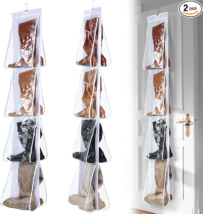 Windyun 16 Pairs Large Clear Pockets Fabric Dual Sided Hanging Shoe Rack for Closets Hanging Shoe Organizer with Rotating Hanger Boot Organizer for Storage Men's and Woman's Boots(White)
