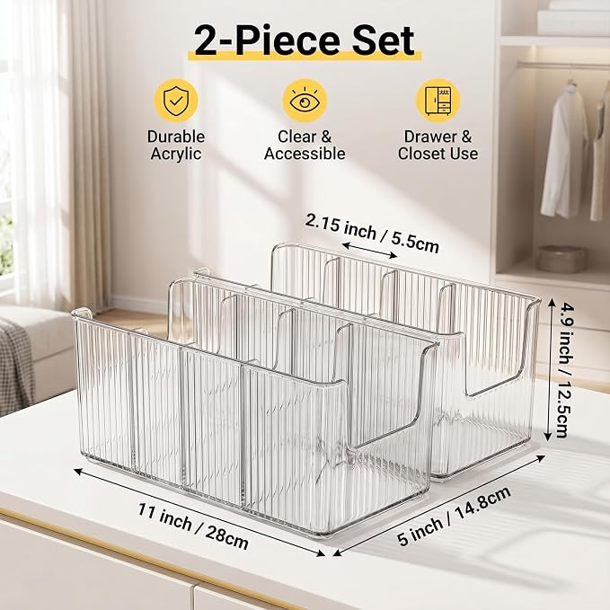 Acrylic Belt Organizer, 2 Pack Clear Belt Storage Box with 4 Adjustable Compartments, Stackable Durable Acrylic Belt Holder, Anti-Scratch Belt Display Case for Closet and Drawer Organization