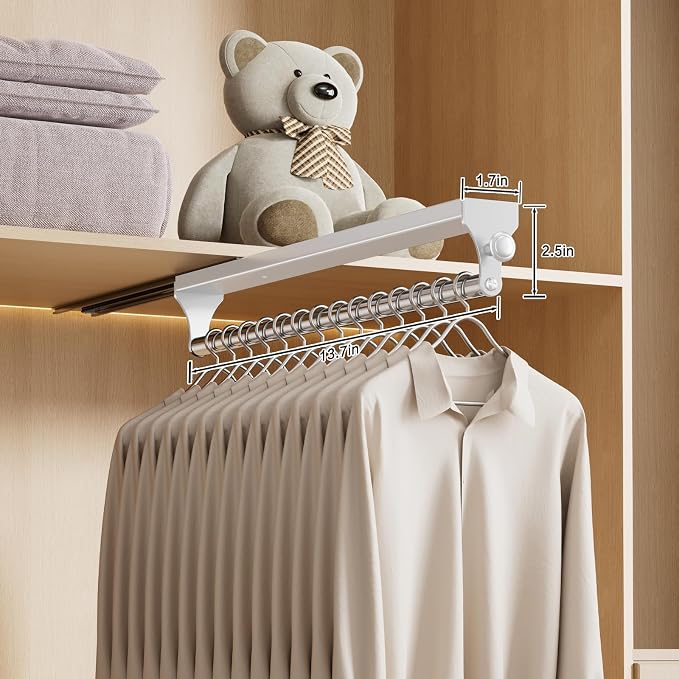 Pull Out Closet Valet Rod, Heavy Duty Adjustable Closet Rod, 13.7inch Telescopic Pant Rack, Space Aluminum Clothes Hanger Rail, Closet Storage Organizer for Trousers Clothes White