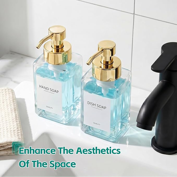 Foaming Soap Dispenser, 12oz/350ml Glass Foaming Hand Soap Dispenser Set, 2Pcs Refillable Foam Soap Dispenser with Foaming Pump, Labels, Square Foam Soap Hand Dispenser for Bathroom, Gold