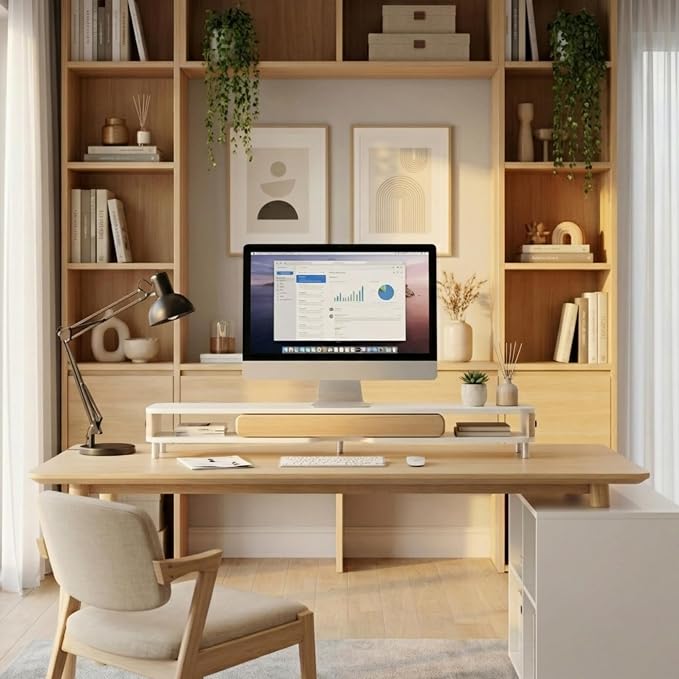 Fenge Dual Monitor Stand with Large Storage Drawer, 42.5" Dsek Shelf, White | Slide-Out Drawer, Ergonomic Monitor Riser, Aluminum leg, 2-Tier Desk Organizer for Laptop, TV, PC