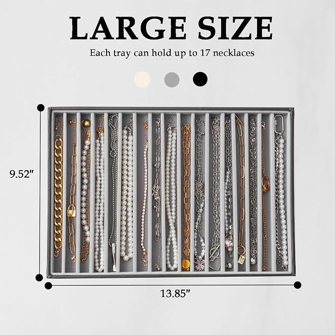 Large Jewelry Organizer Tray 2 Pack, Stackable Jewelry Storage Holder for Drawer Inserts, PU Leather Velvet Jewellery Display Case for Earring Bracelet Necklace Ring (Black Gray, 16 Grids)