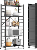 Fenbeli Foldable Shelves with Wheels - 5 Tier Folding Shelf, Collapsible No Assembly Metal Shelving Unit, Origami Storage Shelves & Rolling Storage Rack with 8 Hooks for Kitchen Pantry Garage
