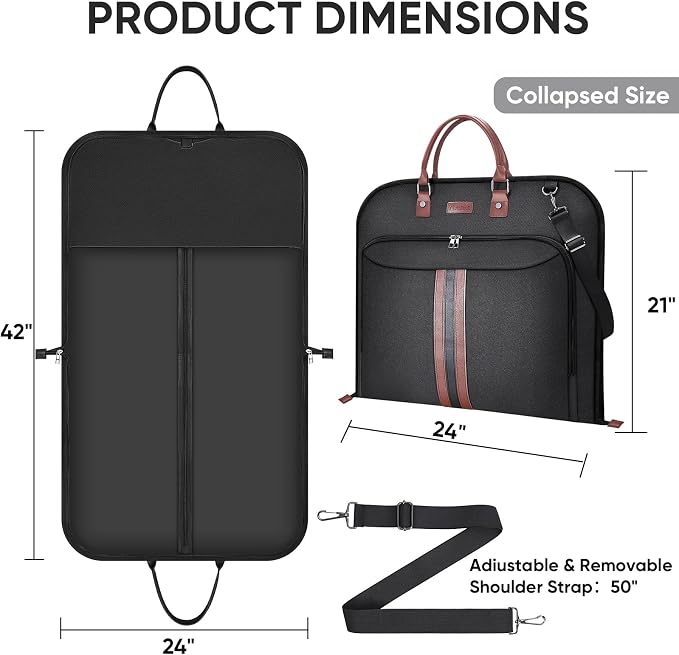 BALEINE Travel Garment Bag, Travel Suit Bag for Men, Water Resistant Carry on Garment Bag for Hanging Clothes, Garment Duffel Bag for Travel Business (Black, 42")