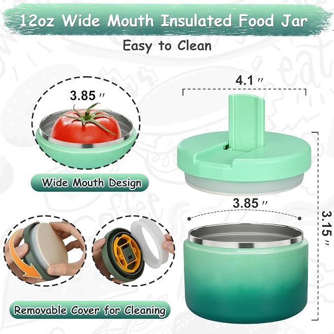 Pawtong 12oz Insulated Vacuum Food Jar with Buckle Lid Wide Mouth Soup Thermo for Hot Food Kids Leakproof Stainless Steel Lunch Container (Gradient Green, 12OZ)