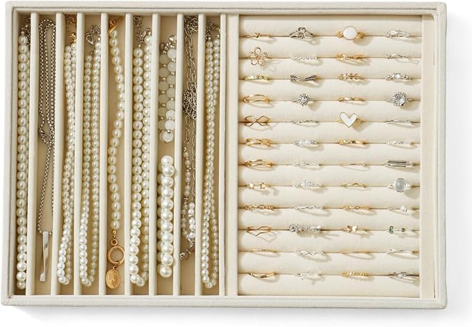 Large Jewelry Organizer for Drawer Insert Velvet Stackable Jewelry Trays for Earring Necklace Bracelet Ring Display (Beige, Ring and 9 Grids)