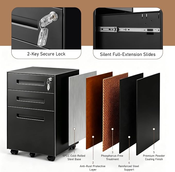 Approgreent Fully Assembled Home Office Filing Cabinet with Lock | Mobile File Cabinet with Anti-tipping Wheels, Fits A4, Letter & Legal Size Files & Folders, Matte Black