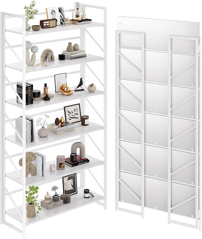 JSB 6 Tier No Assembly Folding Bookshelf, 30.7" Wide Foldable Storage Bookcase for Home Office, Space-Saving Storage Shelf for Living Room (All White)