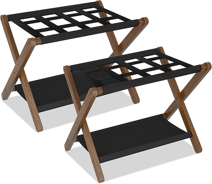 Heybly Luggage Rack, Pack of 2, Folding Suitcase Stand with Storage Shelf, Heavy-Duty Luggage Holder for Guest Room Bedroom Hotel, Holds up to 165 lb, Walnut, HLR010WB2