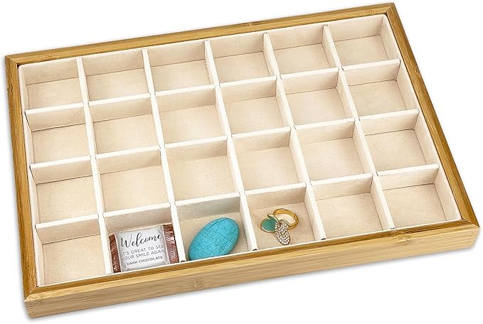 The Display Guys - Stackable Jewelry Tray and Organizer - for Drawers, Dressers, Store Display (24 Compartments, Bamboo Suede)