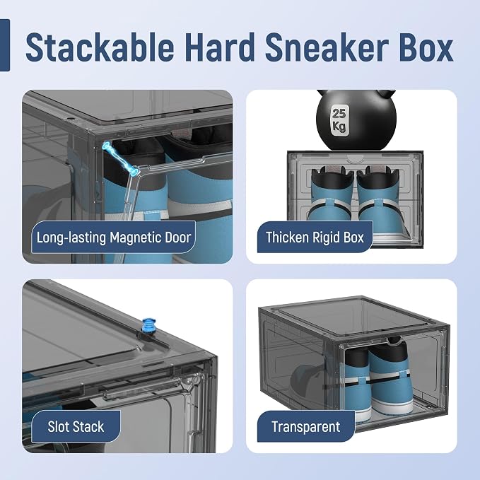 10 Pack Thickened Clear Stackable Shoe Organizer Storage Boxes with Magnetic Door, Sneaker Display Cases for Closet, Entryway & Under Bed Storage, Space Saving Shoe Storage Solution, Gray