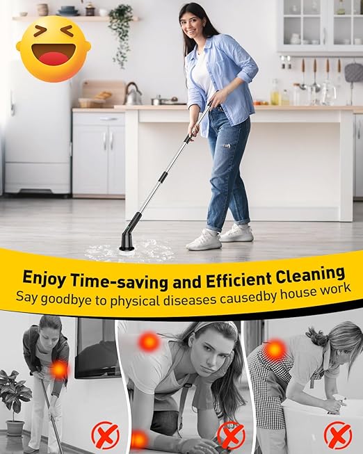 Shower Scrubber with Long Handle, Cleaning Tool for Bathroom Shower Toilet | Shower Cleaner Brushes with IPX7 Waterproof & 2 Speed, 3 Brush Heads, Bathroom Cleaning Supplies for Toilet Tub