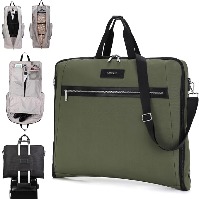 BESMART Garment Bags for Travel, 51" Large Suit Bag for Business Trips | Waterproof,Hangs 3 Suits,Foldable,Wrinkle Free Spacious Luggage Suit Cover,Adjustable Strap,Carry On Flight Approved,Green