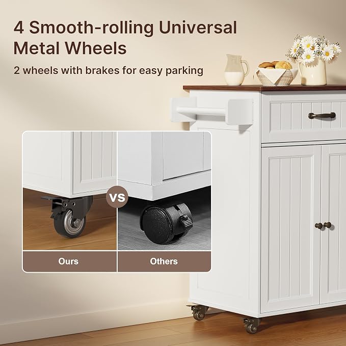 Gizoon 33" W White Kitchen Island Cart with Adjustable Shelf, | Metal Wheels, Drawer & Storage Cabinet, Spice Rack & Towel Rack, for Dining Room, Bar, Retro Wooden Countertop
