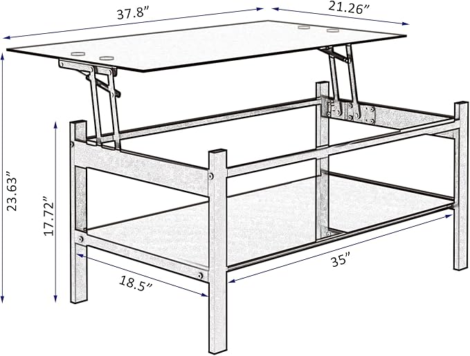 Meihua Lift Top Glass Coffee Table with Storage Compartment and Separated Open Shelves, Lift Tabletop for Living Room Home, Office, Black