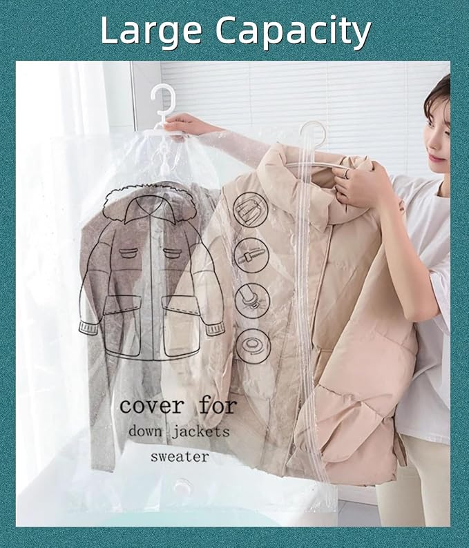 Hanging Vacuum Space Saver Bags 6 Pack, Closet Organizer Storage Bags, Vacuum Seal Clear Bags for Clothes, Suits, Dress or Jackets