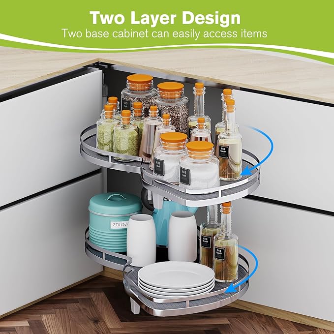 Blind Corner Cabinet Pull Out Organizer, Soft Close Swing Right Pull Out Cabinet Organizer 30inch, Corner Cabinet Lazy Susan for Blind Shelf, 2 Tiers Tray, Adjustable Height