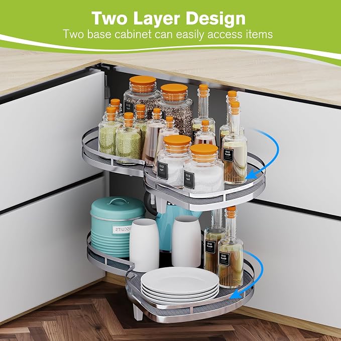 Blind Corner Cabinet Pull Out Organizer, Swing Right Pull Out Cabinet Organizer 26 inch, Cabinet Lazy Susan for Corner Cabinet Blind Shelf, 2 Tiers Tray, Adjustable Height