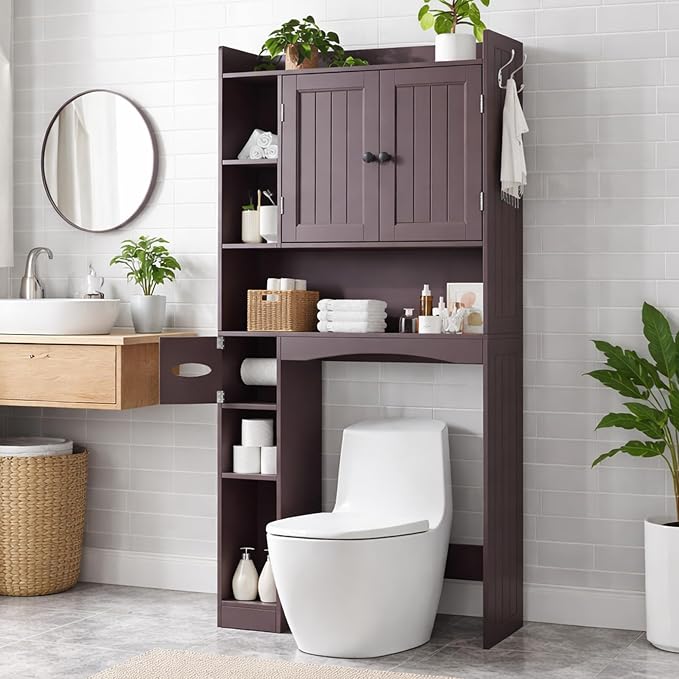 Gizoon Over The Toilet Storage Cabinet, 66''H Over Toilet Storage Cabinet, with Paper Holder, Adjustable Shelves, 2 Doors, Over Toilet Bathroom Organizer, 2 Side Hooks, Space-Saver, Dark Brown