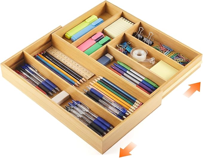 Briwooody Bamboo Sliding Desk Drawer Organizer 9'' up to 18'' x 15'' x 2'' Expandable Office Desk Accessories Supplies Tray with 7 Compartments for Pens, Notebooks, Rulers, and Makeup Jewelry Vanity