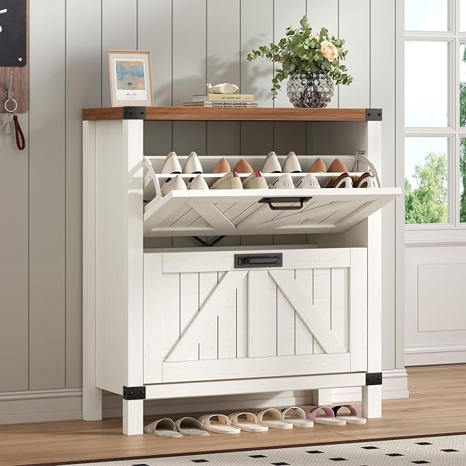 YOMILUVE Shoe Cabinet with 2 Flip Drawers, Farmhouse Shoe Storage Cabinet for Entryway, Slim Shoe Rack Freestanding Shoe Organizer with Barn Door, Brown and White