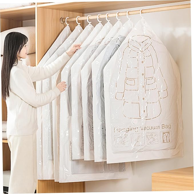 6PCS Hanging Vacuum Storage Bags for Clothes, With Hand Pump Reusable Compressed Seal Clear Space Saver Vacuum Storage Bags, For Clothes, Suits, Dress, Space Saver