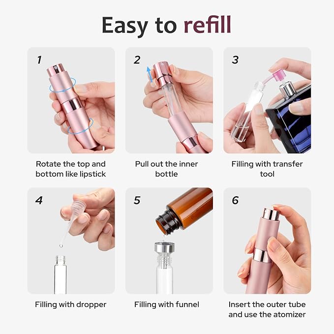 LISAPACK 8ML Atomizer Perfume Spray Bottle for Travel (3 PCS) Empty Cologne Dispenser, Portable Sprayer (Red, Pink, Purple)