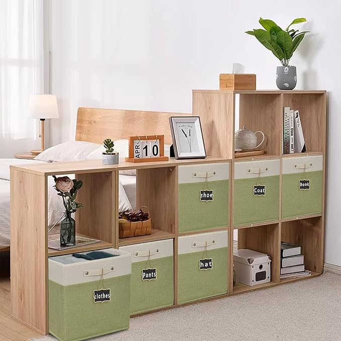 15x13x13 inch cube storage bin,Collapsible Fabric Storage Cubes with Labels 4 Pack,Linen Cube Storage Organizer Bins with Cotton Handles for Home,Nursery,Clothes,Shelves and Closet(White green).