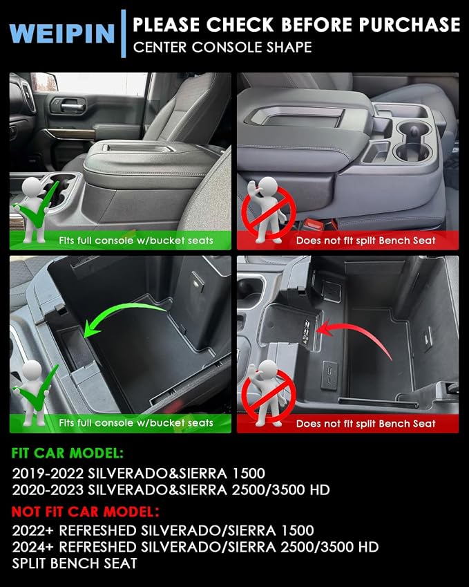 Silverado Sierra Center Console Organizer - Compatible with 2020-2022 Chevy Silverado/GMC Sierra 2500HD 3500HD Armrest - (Full Console w/Bucket Seats ONLY) - Black