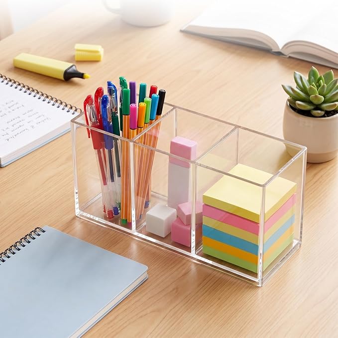 Clear Acrylic Pencil Holder, 3 Compartment Cup Pen Holder for Desk | Desk Organizer for Office School, Makeup Brush Holder for Girls